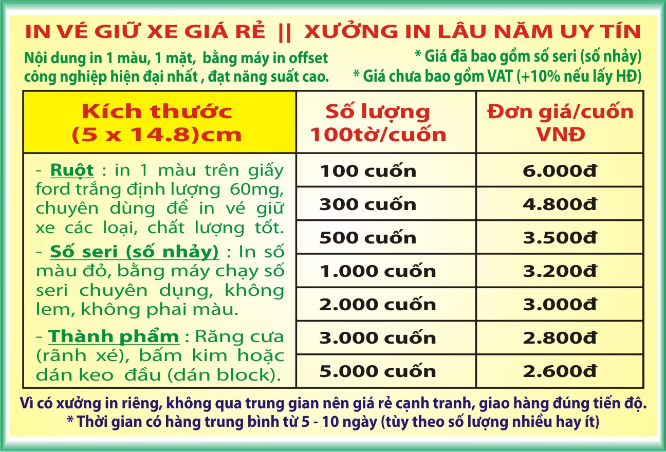 BẢNG GIÁ IN VÉ GIỮ XE KÍCH THƯỚC: (5 X 14.8)cm