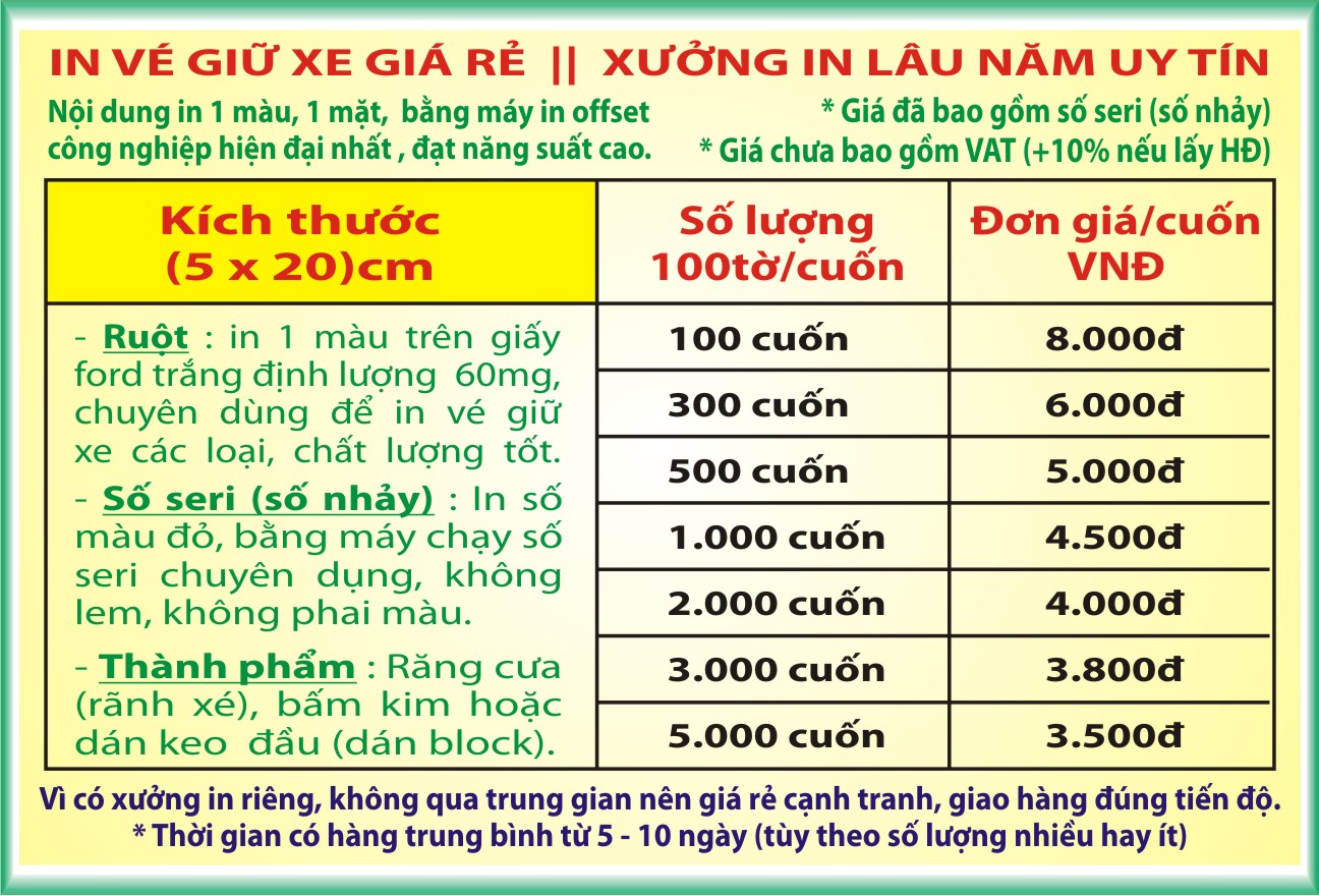 BẢNG GIÁ IN VÉ GIỮ XE KÍCH THƯỚC: (5 X 20)cm