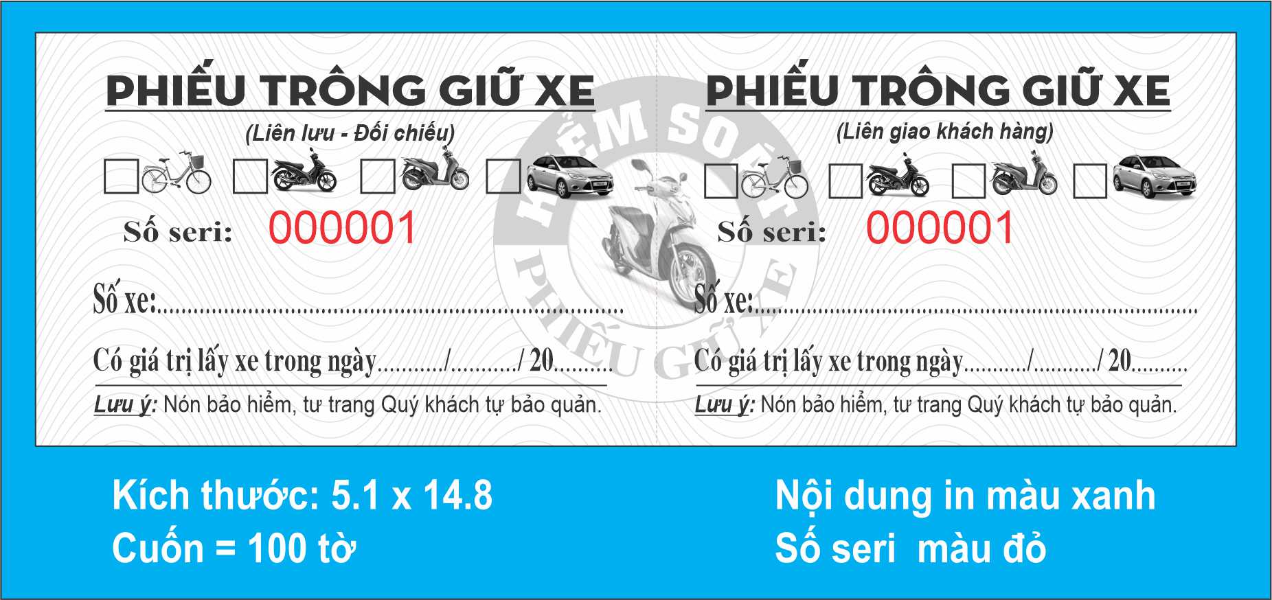 Cuốn vé gửi xe máy in sẵn, vé gửi xe máy, phiếu giữ xe in sẵn rất tiện lợi nhanh chóng kịp thời cho các bãi giữ xe cần gấp, giải quyết kịp thời công việc trông giữ xe tại các bãi giữ xe