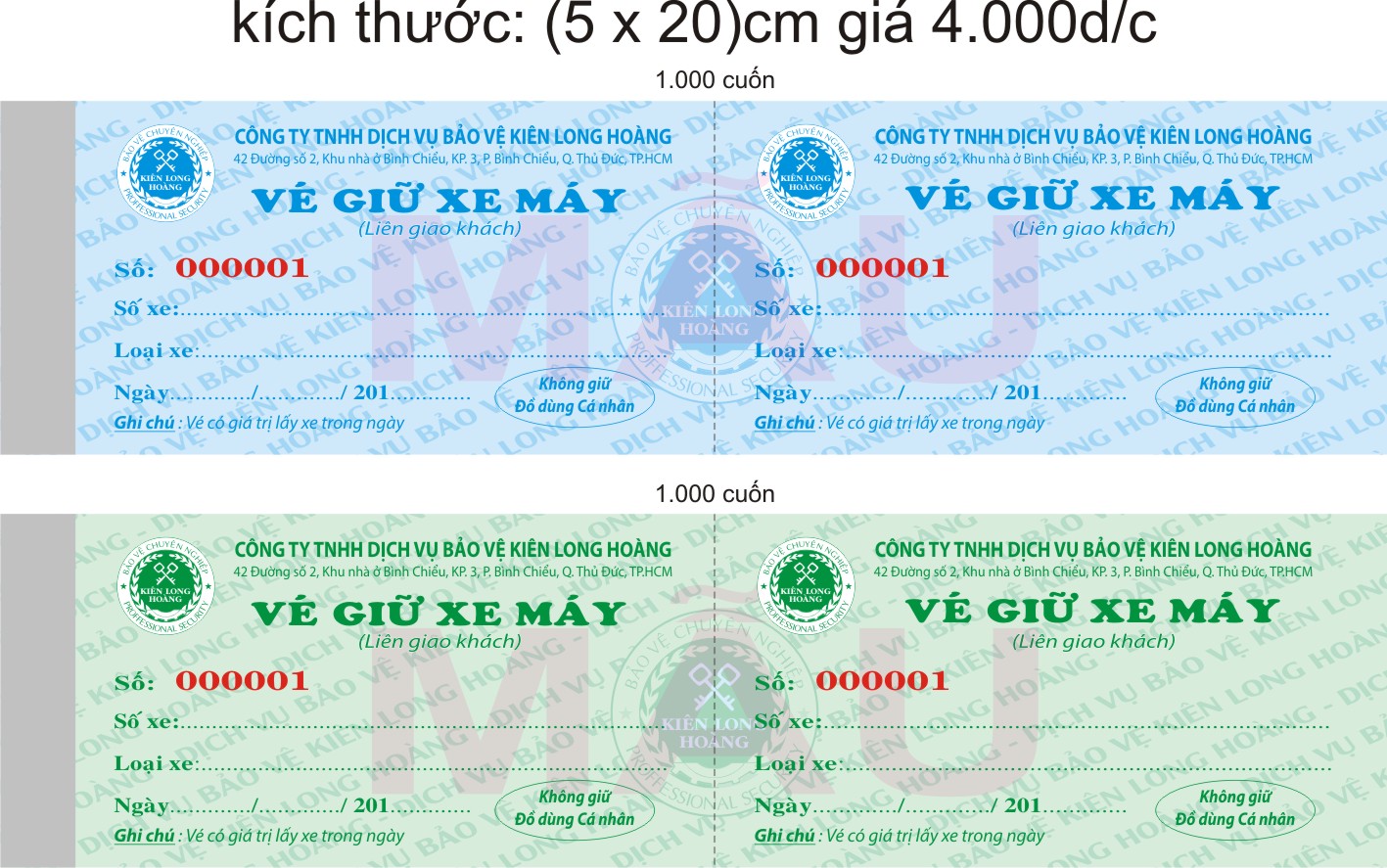 Phiếu giữ xe máy Công ty Bảo Vệ Kiên Loang Hoàng