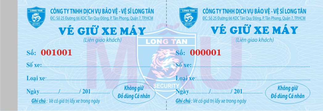 Phiếu giữ xe máy Công ty Bảo Vệ - Vệ Sĩ Long Tân