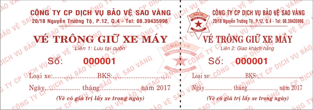 Vé giữ xe Công ty Bảo Vệ Sao Vàng
