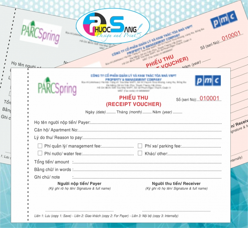 Phiếu thu ban quản lý tòa nhà, chung cư 2 liên, 3 liên