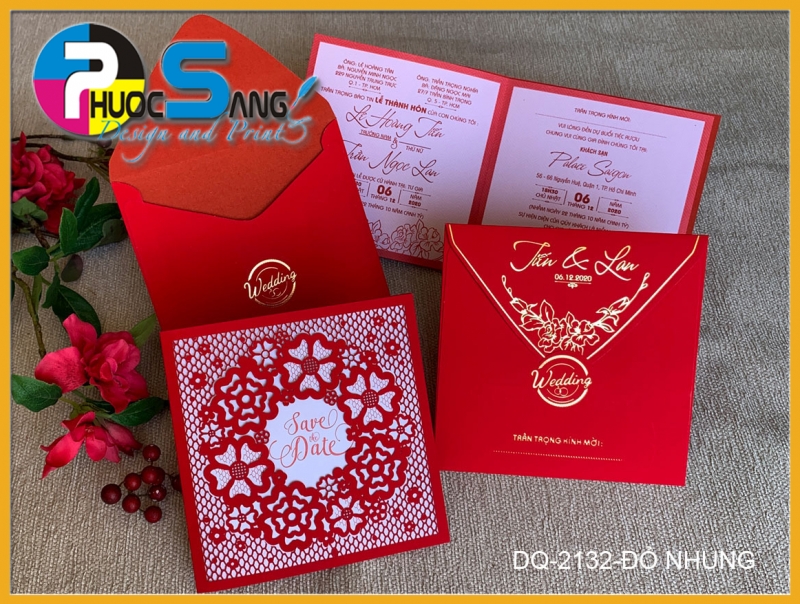 Mẫu DQ-2132-DO NHUNG | Mẫu thiệp cươi laser quá sang trọng