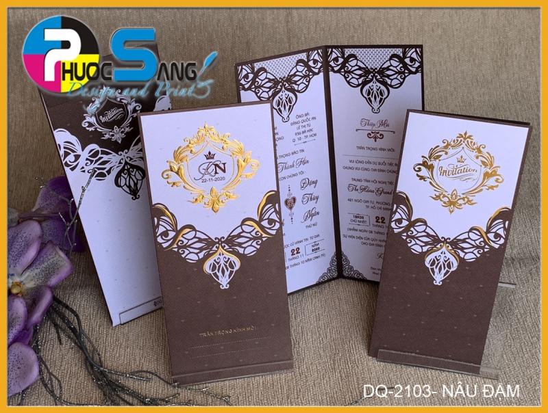 Mã DQ-2103 Nâu đậm | Thiệp cưới giá rẻ HCM