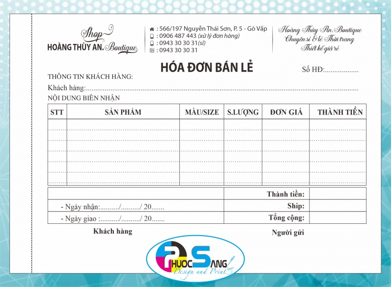 Mẫu hóa đơn bán lẻ A5 khổ ngang đẹp thông dụng cho các shop kinh doanh