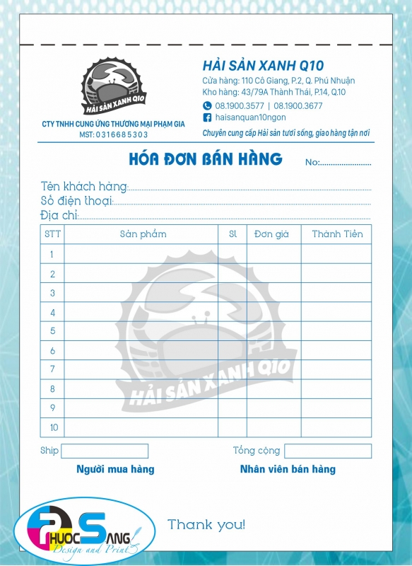 Mẫu Hóa đơn bán hàng cung cấp hải sản tươi sống