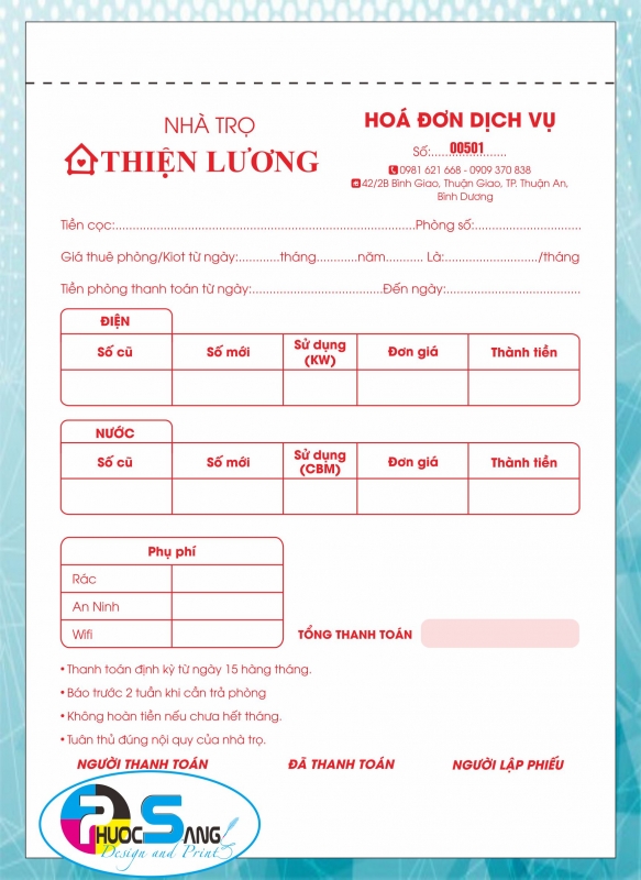 In hóa đơn dịch vụ cho thuê văn phòng, xưởng, nhà trọ