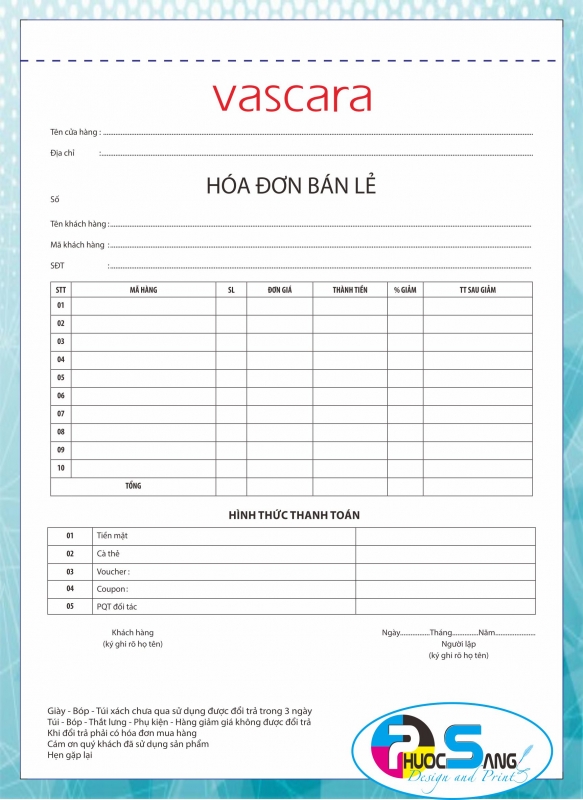 Hóa đơn bán hàng, hóa đơn bán lẻ thời trang cao cấp Vascara
