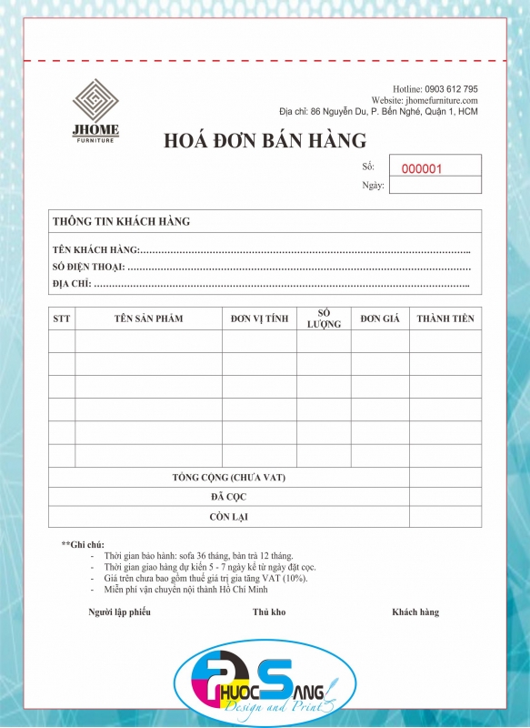 Mẫu hóa đơn đặt hàng dịch vụ trang trí nội thất