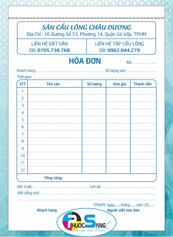 Mẫu hóa đơn dịch vụ thể thao, Biên nhận đặt sân đá banh-cầu lông