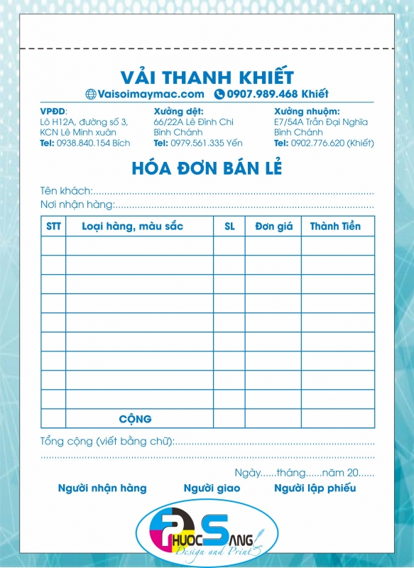 Mẫu hóa đơn bán hàng thời trang cung cấp sỉ và lẻ vải may mặc