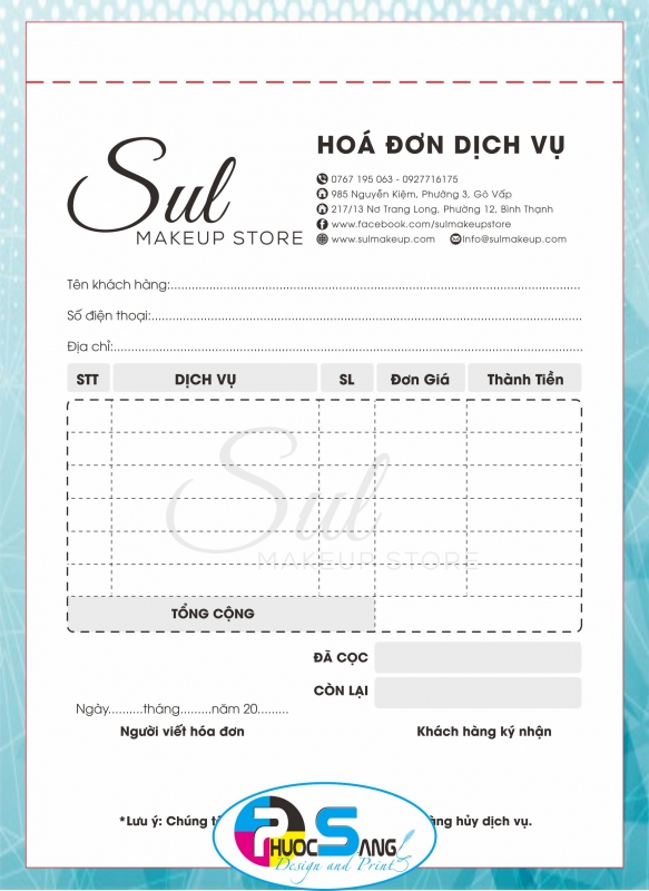 Mẫu hóa đơn dịch vụ shop thời trang, makeup