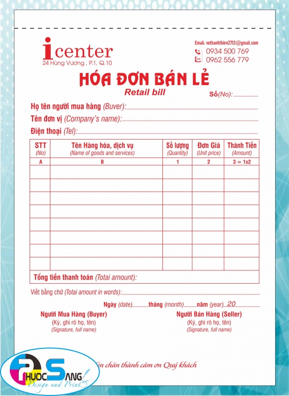 Mẫu hóa đơn bán hàng, hóa đơn bán lẻ song ngữ đẹp