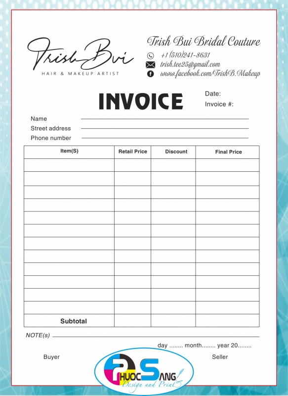 Mẫu hóa đơn bán lẻ, hóa đơn bán hàng bằng tiếng Anh