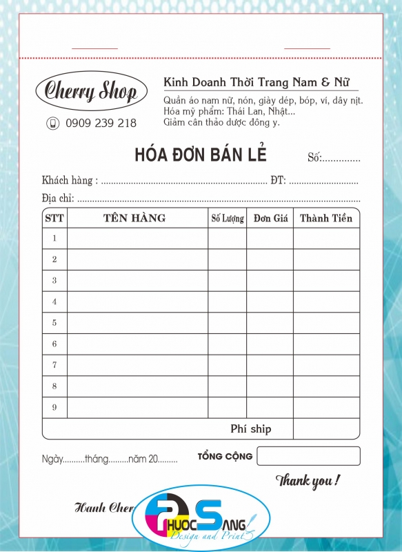 Mẫu hóa đơn bán lẻ, bán hàng shop kinh doanh thời trang