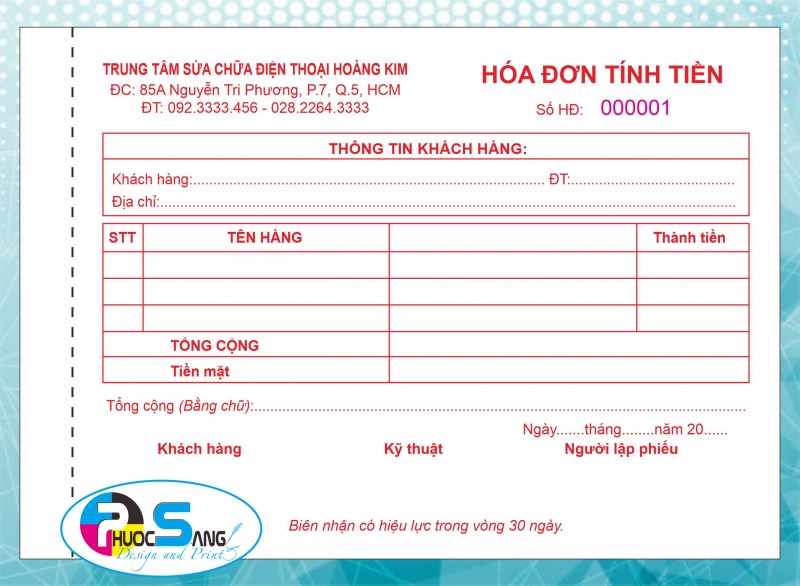 Mẫu hóa đơn tính tiền | In hóa đơn tính tiền giá rẻ