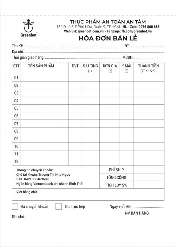 Dạng hóa đơn bán lẻ 1 liên in 1 màu trên chất liệu giấu ford