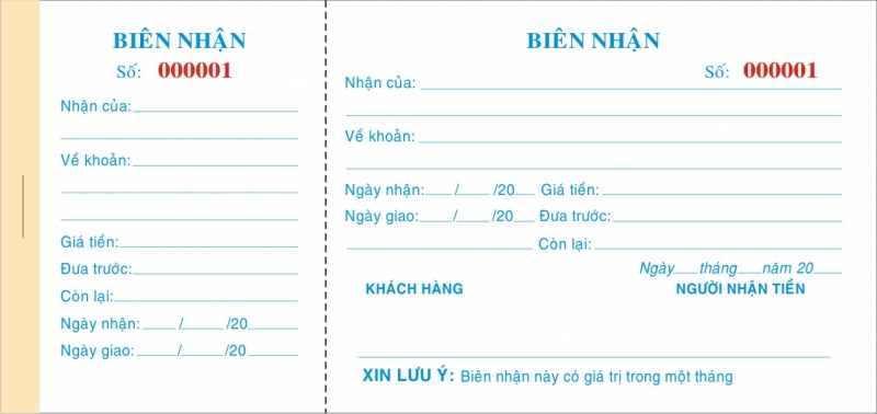 Mẫu biên nhận kích thước 10cm x 20cm in 1 liên giấy ford