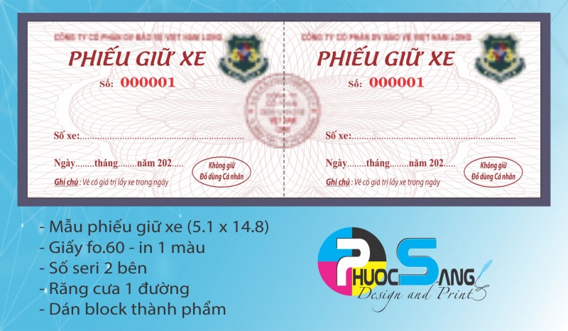 Dịch vụ in phiếu giữ xe máy cho bãi xe, công ty bảo vệ